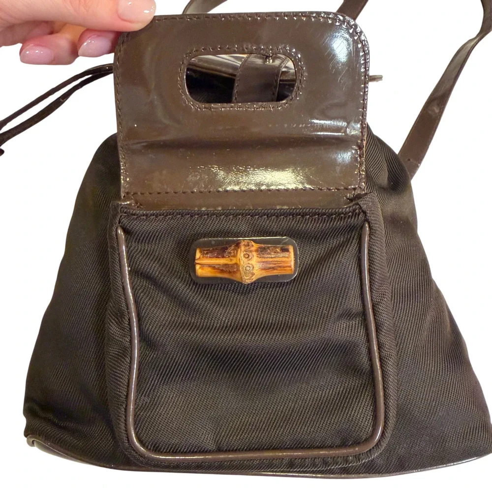 Vintage Gucci Brown Mini Backpack w/ Bamboo Handle Patent Leather + Nylon Auth